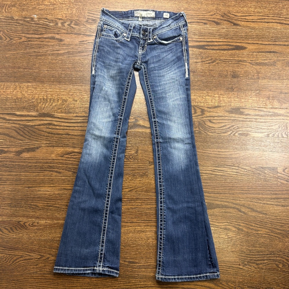 BKE Stella Flare Jeans Womens 24L Blue Denim Low Rise Contrast Stitch Long Leg
